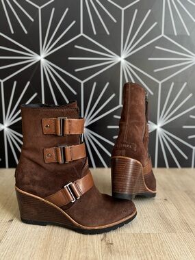 Sorel Women's After Hours Suede Wedge Booties with Buckle Straps